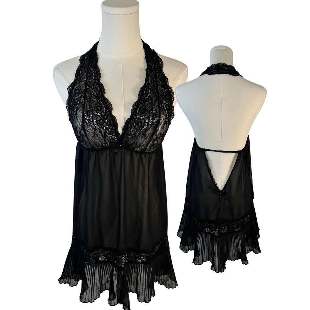Linea Donatella Black Mesh Lace Babydoll Chemise Slip Dress Y2K Size S